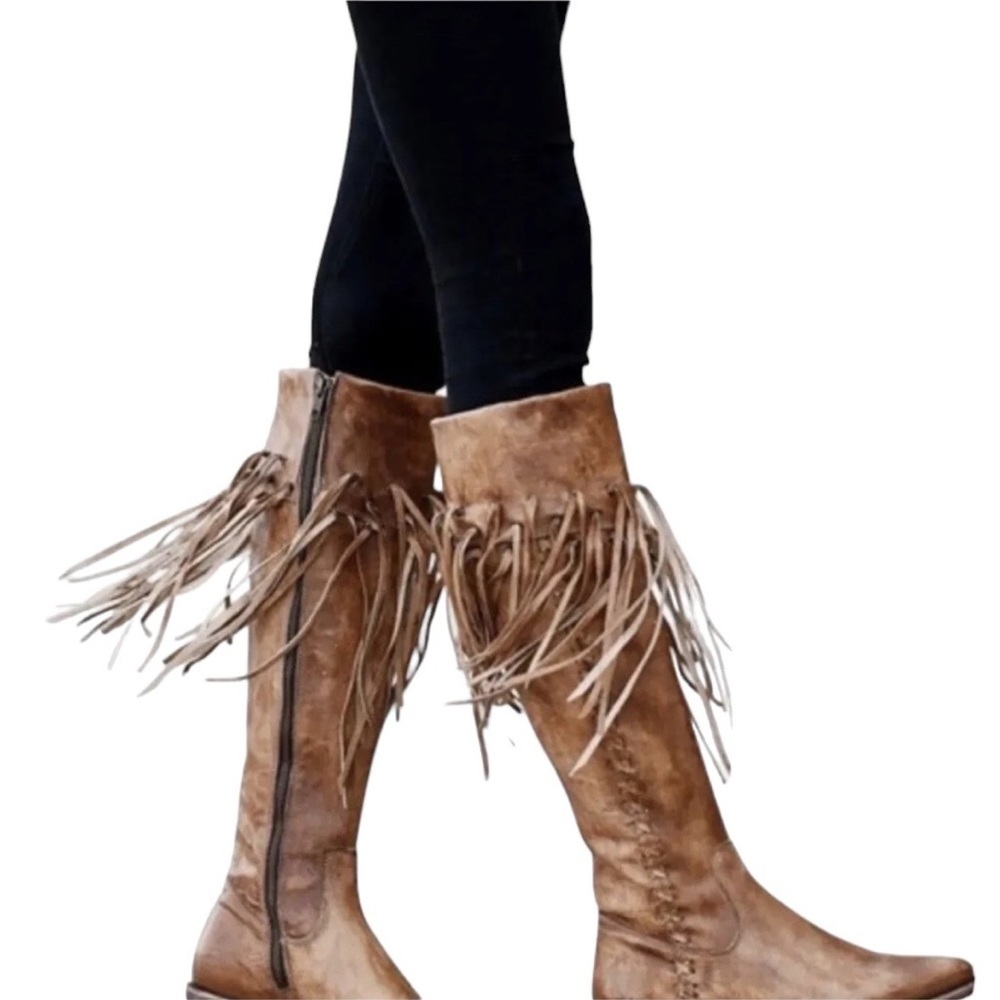 BED STU Hoplia Tan Driftwood Fringe Trim Riding Boots Size 7.5